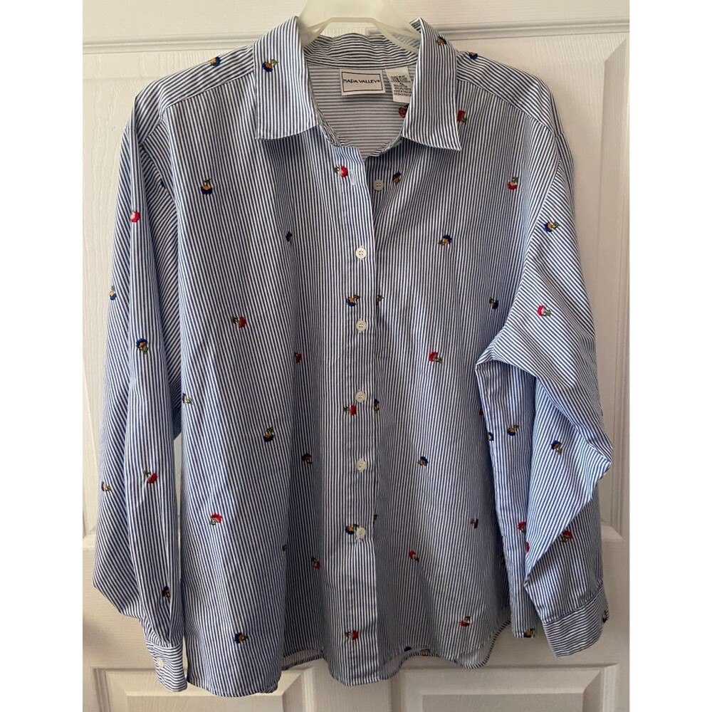 Nada Valley Blouse Womens XL Button Up Blue White Striped Embroidered Cuffed